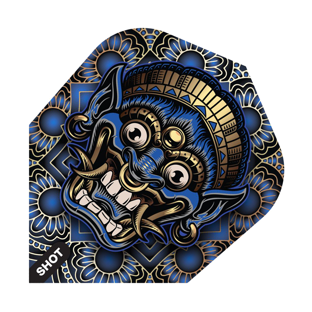 Das Bild zeigt ein Dart-Flight mit einem farbenfrohen, traditionellen Tribal-Design in Blau, Gold und Schwarz. Das auffällige Motiv stellt eine stilisierte, furchteinflößende Maske dar.